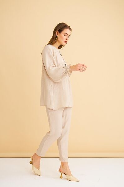 Pinky Düğmeli Kolları Büzgülü Keten Taş Tunik Pantolon