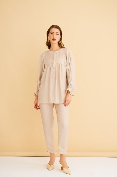 Pinky Düğmeli Kolları Büzgülü Keten Taş Tunik Pantolon