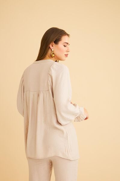 Pinky Düğmeli Kolları Büzgülü Keten Taş Tunik Pantolon