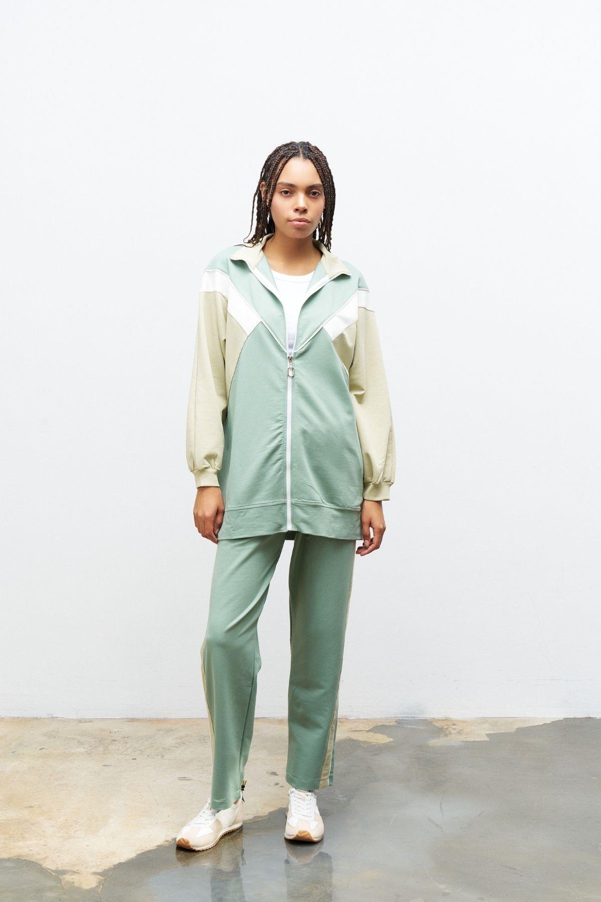 MİNT YEŞİL Kadın Fermuar Kapamalı  Bisiklet Yaka Renk Garnili Üst Ve Lastikli Pantolon Örme Alt Üst Takım