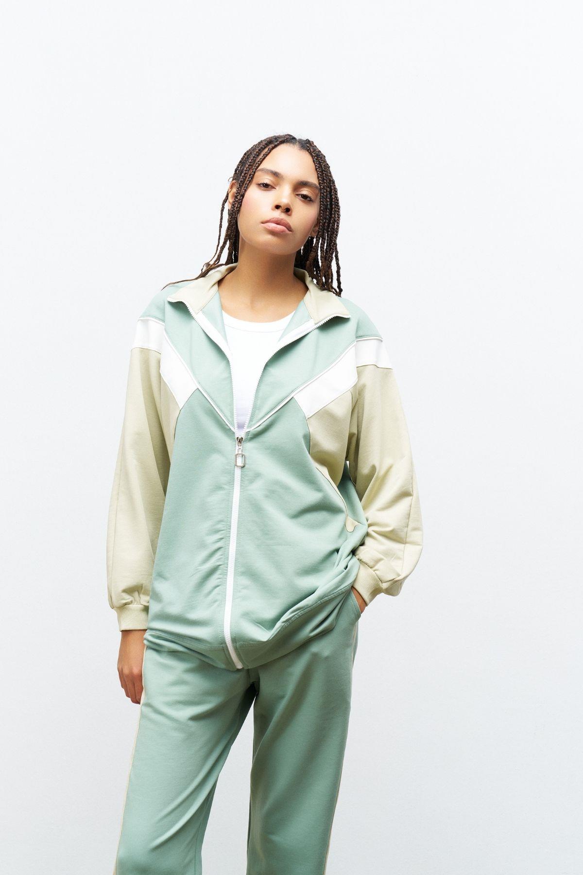 MİNT YEŞİL Kadın Fermuar Kapamalı  Bisiklet Yaka Renk Garnili Üst Ve Lastikli Pantolon Örme Alt Üst Takım
