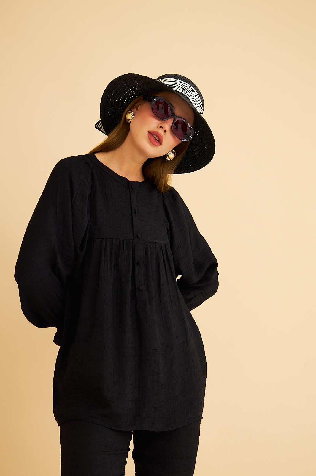 Pinky Düğmeli Kolları Büzgülü Keten Siyah Tunik Pantolon