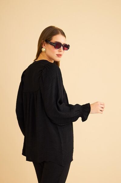 Pinky Düğmeli Kolları Büzgülü Keten Siyah Tunik Pantolon