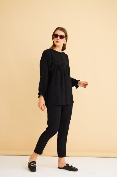 Pinky Düğmeli Kolları Büzgülü Keten Siyah Tunik Pantolon