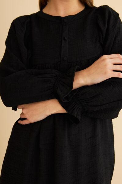 Pinky Düğmeli Kolları Büzgülü Keten Siyah Tunik Pantolon