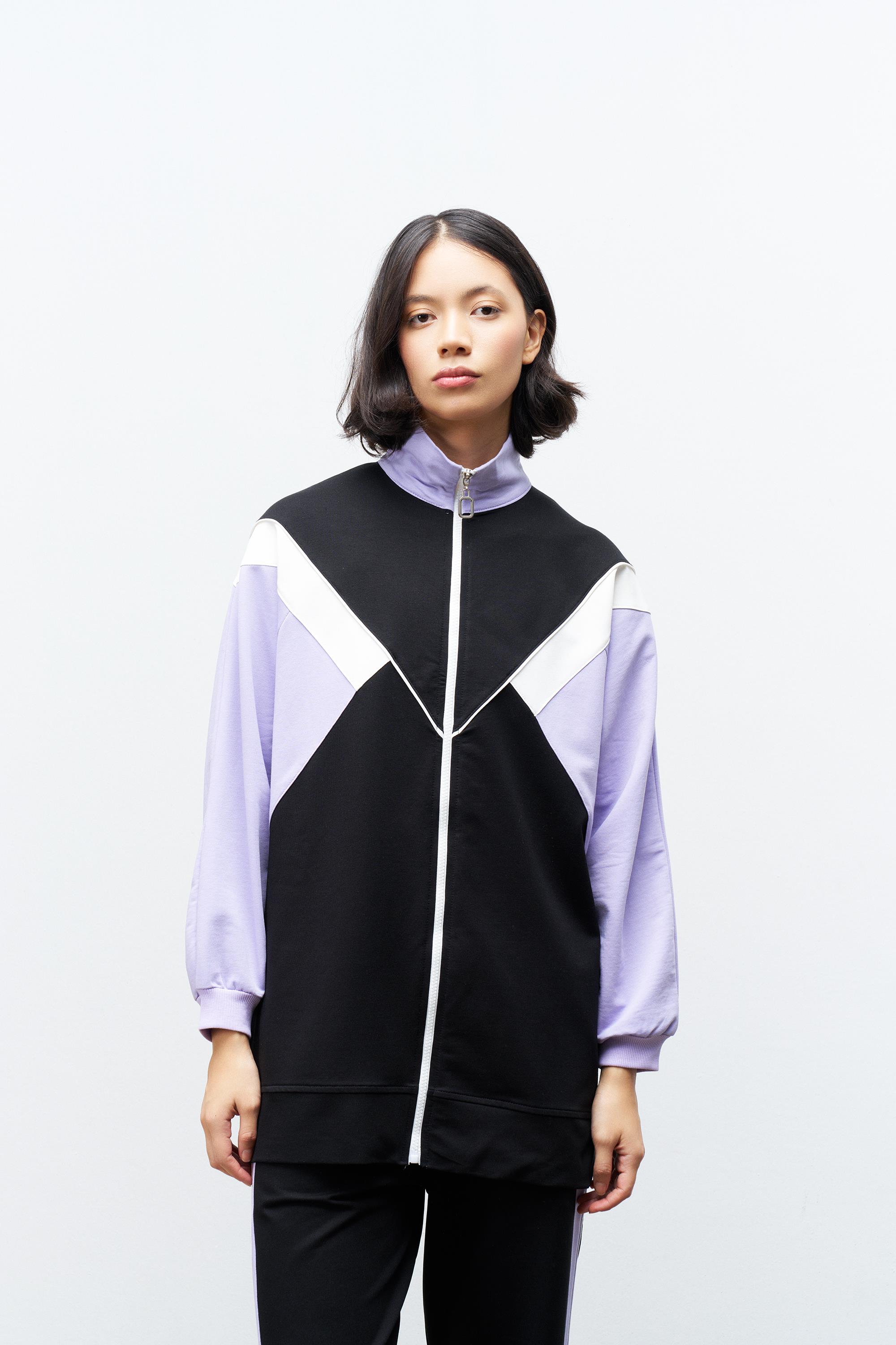 Siyah Kadın Fermuar Kapamalı  Bisiklet Yaka Renk Garnili Üst Ve Lastikli Pantolon Örme Alt Üst Takım