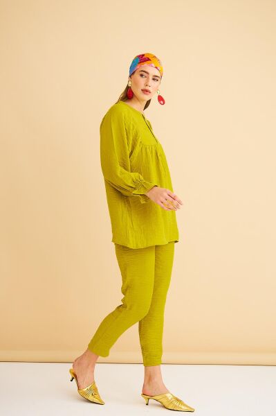 Pinky Düğmeli Kolları Büzgülü Keten Olive Tunik Pantolon