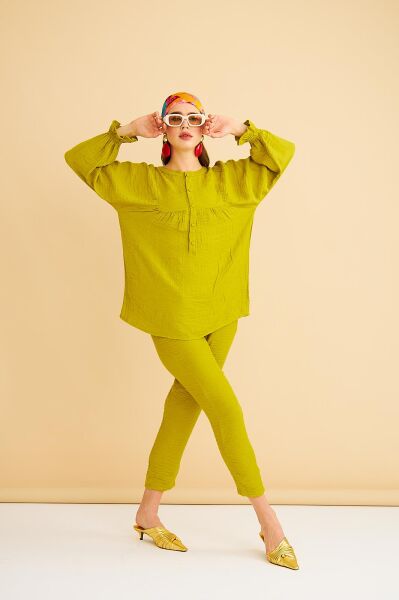 Pinky Düğmeli Kolları Büzgülü Keten Olive Tunik Pantolon
