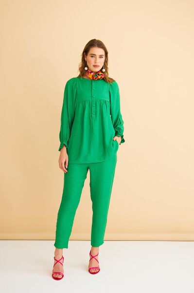 Pinky Düğmeli Kolları Büzgülü Keten Yeşil Tunik Pantolon