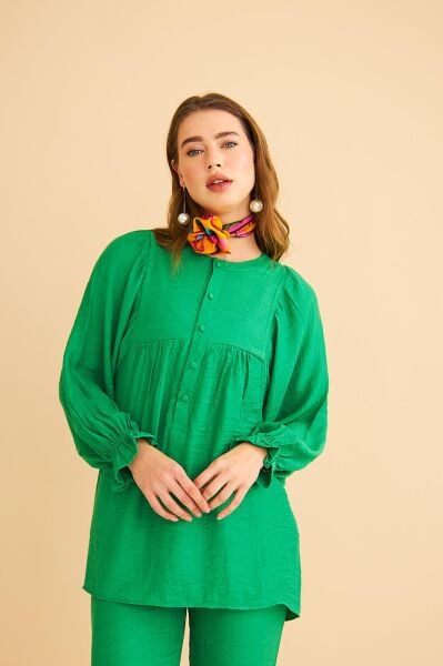 Pinky Düğmeli Kolları Büzgülü Keten Yeşil Tunik Pantolon