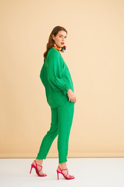 Pinky Düğmeli Kolları Büzgülü Keten Yeşil Tunik Pantolon