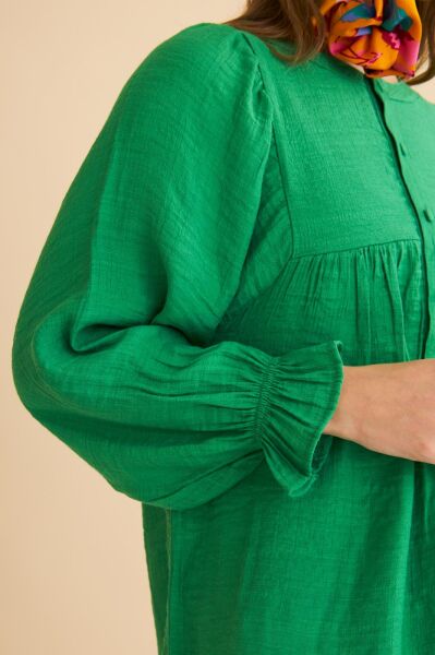 Pinky Düğmeli Kolları Büzgülü Keten Yeşil Tunik Pantolon