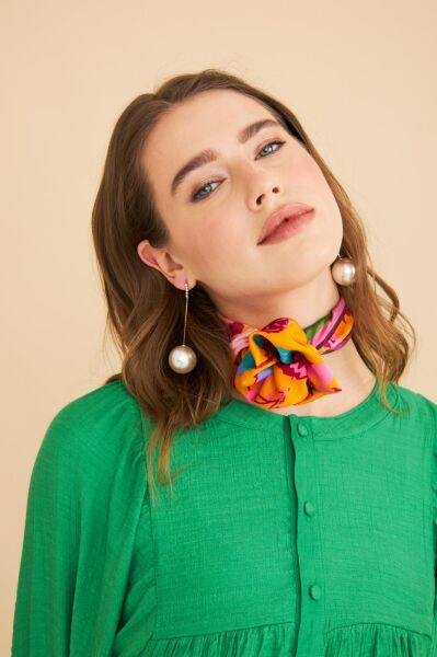 Pinky Düğmeli Kolları Büzgülü Keten Yeşil Tunik Pantolon