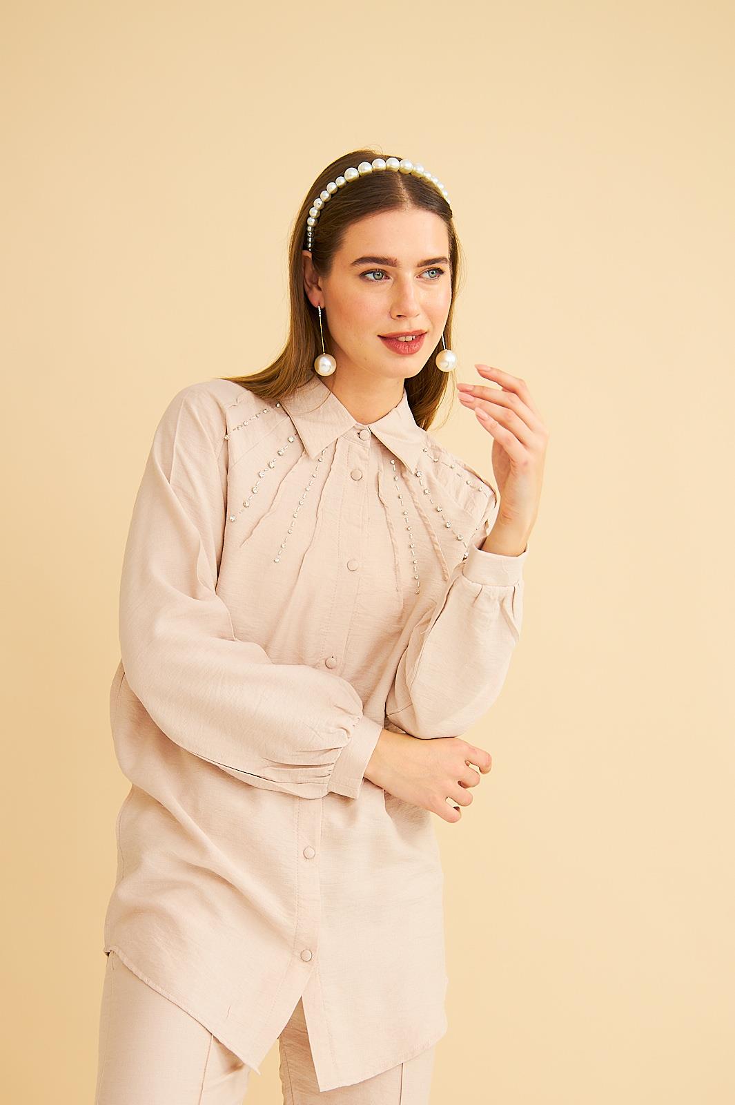 Udes Taş İşlemeli Keten Taş Gömlek Pantolon Takım