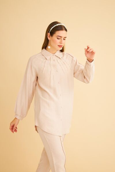 Udes Taş İşlemeli Keten Taş Gömlek Pantolon Takım