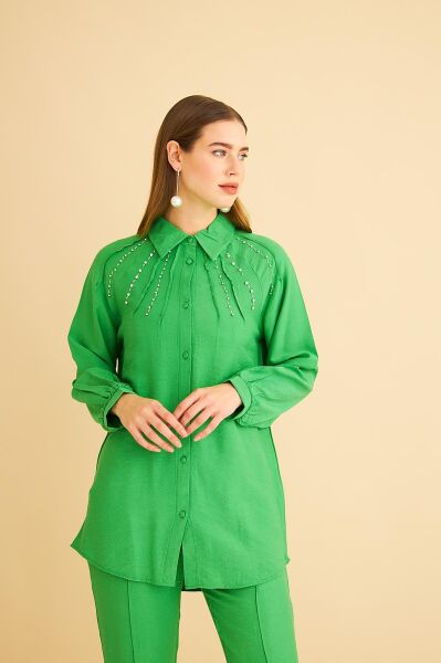 Udes Taş İşlemeli Keten Yeşil Gömlek Pantolon Takım