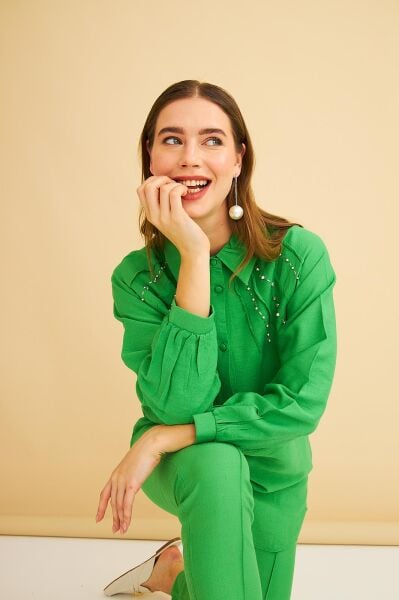 Udes Taş İşlemeli Keten Yeşil Gömlek Pantolon Takım