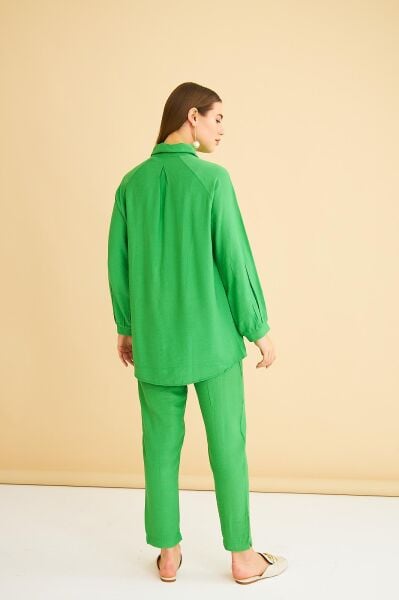 Udes Taş İşlemeli Keten Yeşil Gömlek Pantolon Takım