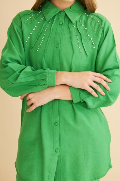 Udes Taş İşlemeli Keten Yeşil Gömlek Pantolon Takım