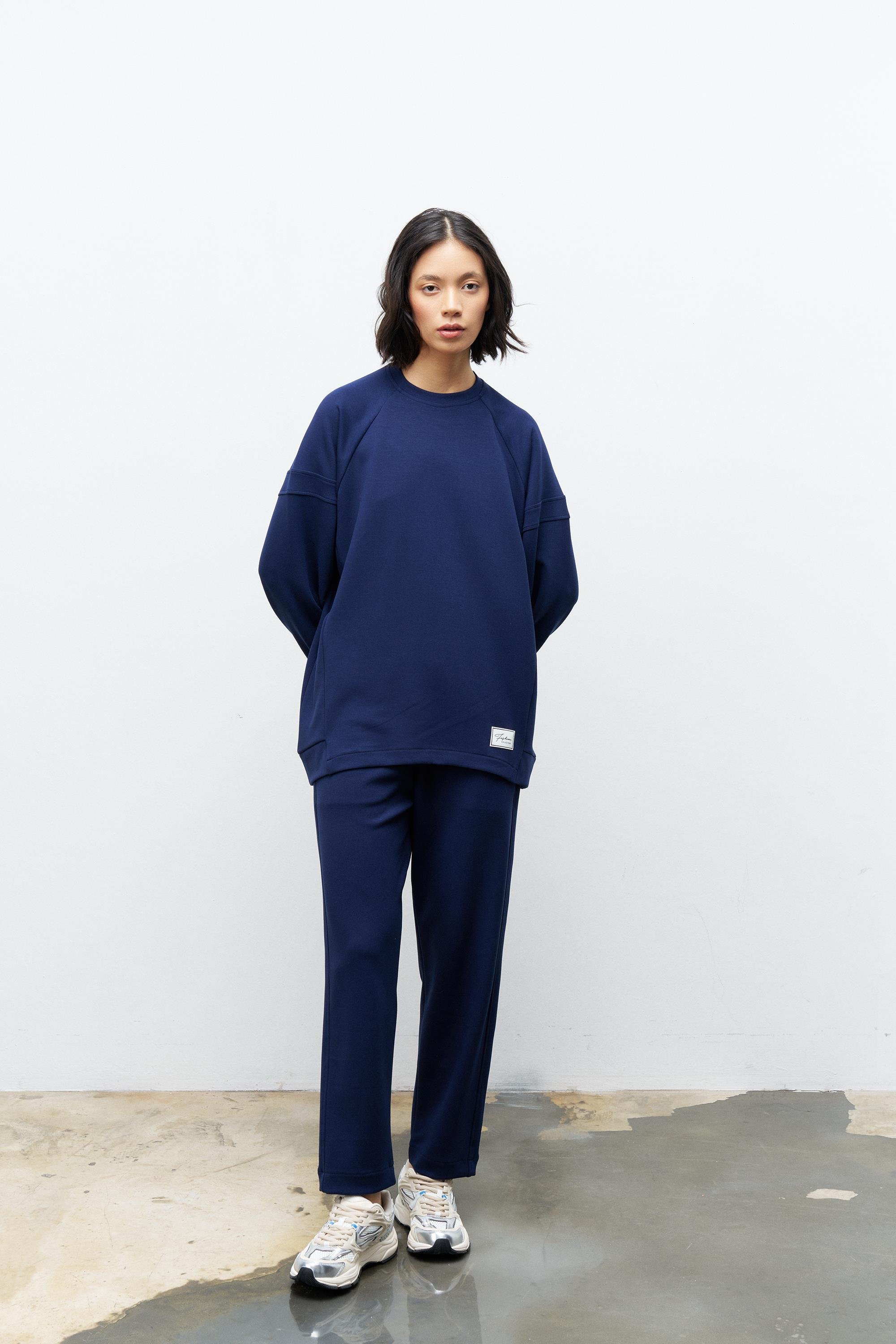 Lacivert Terletmez Süs Etiket Detaylı Üst  Ve Bel Lastikli Pantolon Modal Takım