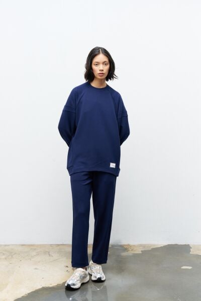 Lacivert Terletmez Süs Etiket Detaylı Üst  Ve Bel Lastikli Pantolon Modal Takım