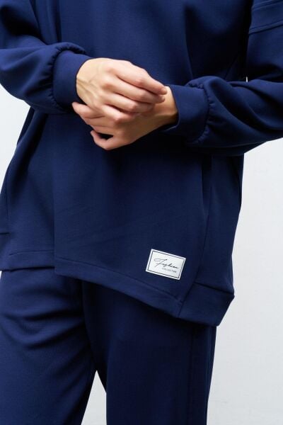 Lacivert Terletmez Süs Etiket Detaylı Üst  Ve Bel Lastikli Pantolon Modal Takım