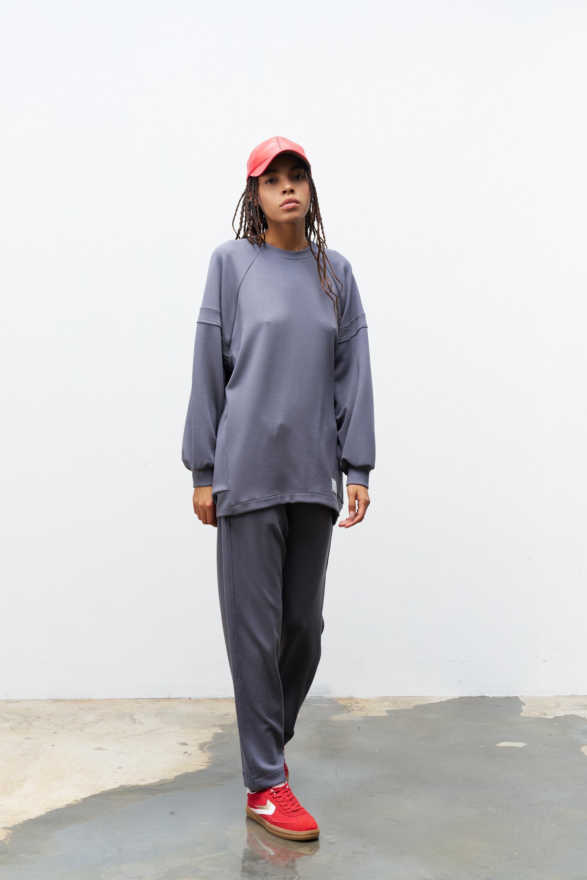 Füme Terletmez Süs Etiket Detaylı Üst  Ve Bel Lastikli Pantolon Modal Takım