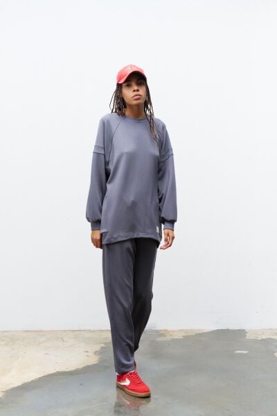 Füme Terletmez Süs Etiket Detaylı Üst  Ve Bel Lastikli Pantolon Modal Takım