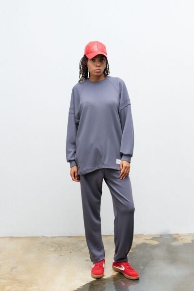 Füme Terletmez Süs Etiket Detaylı Üst  Ve Bel Lastikli Pantolon Modal Takım