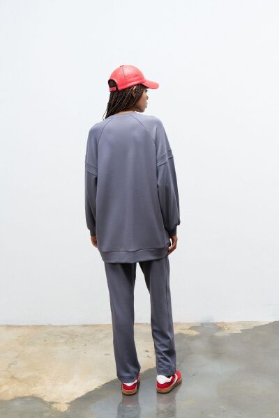 Füme Terletmez Süs Etiket Detaylı Üst  Ve Bel Lastikli Pantolon Modal Takım