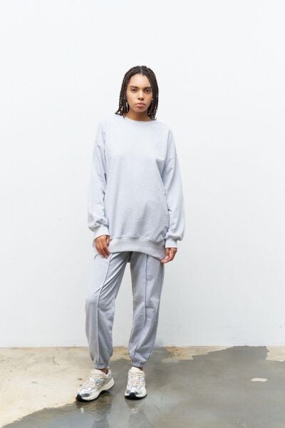 Next Yandan Yırtmaçlı Oversize Pamuklu Gri Alt Üst Takım