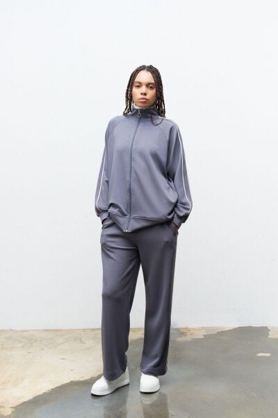 Füme Kadın Kol Üst Ve Pantolon Yan Şerit Detaylı  Fermuarlı Dik Yaka Modal Alt Üt Takım