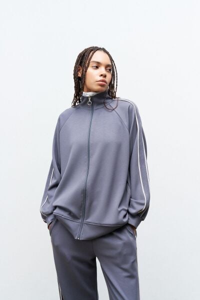 Füme Kadın Kol Üst Ve Pantolon Yan Şerit Detaylı  Fermuarlı Dik Yaka Modal Alt Üt Takım