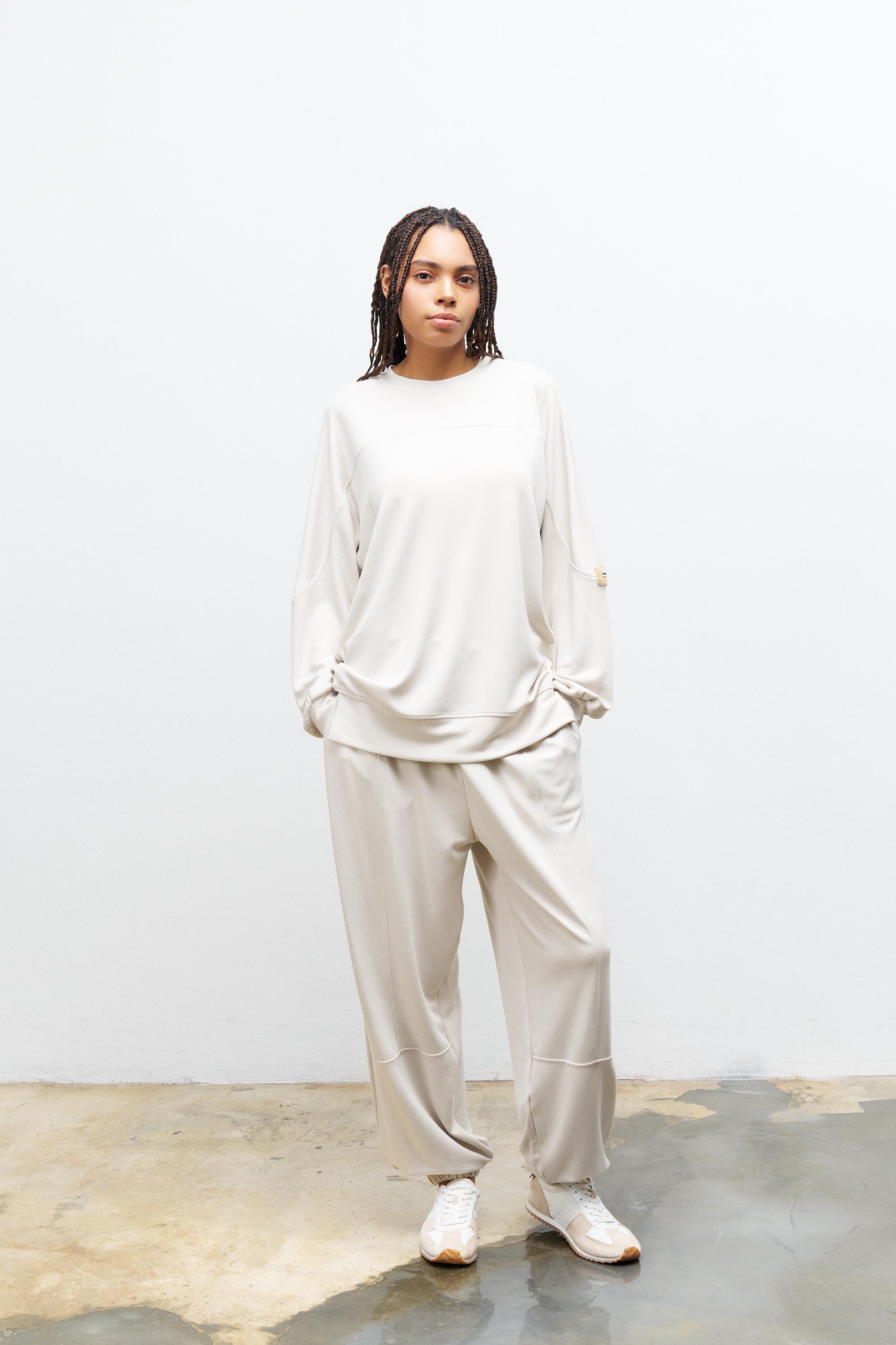 Taş Taş Rengi Kadın Jogger Pantolon Ve  Kol Etiket Detaylı  Modal Alt Üst Takım