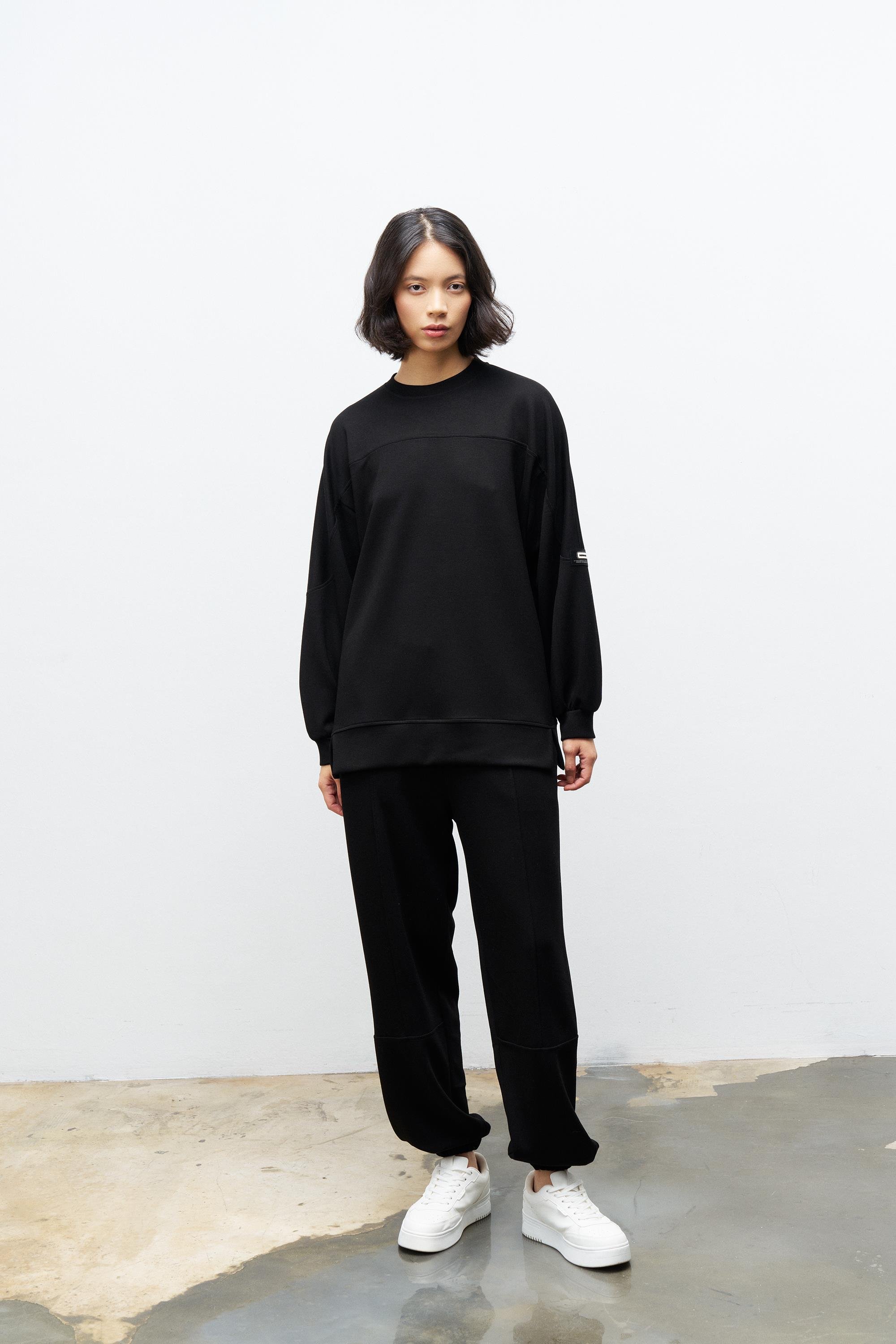 Siyah Taş Rengi Kadın Jogger Pantolon Ve  Kol Etiket Detaylı  Modal Alt Üst Takım