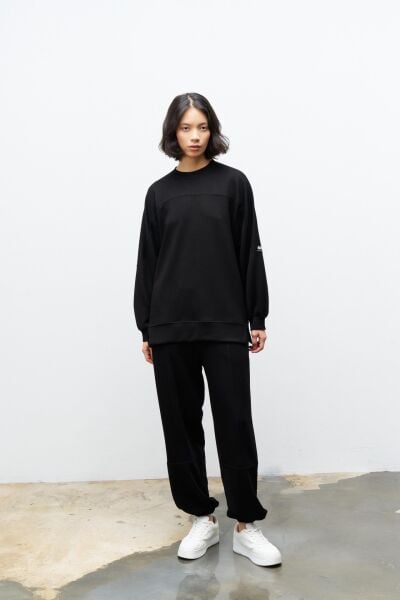 Siyah Taş Rengi Kadın Jogger Pantolon Ve  Kol Etiket Detaylı  Modal Alt Üst Takım