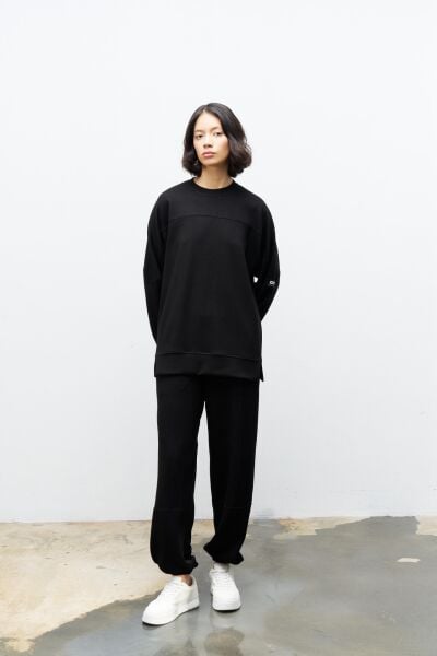 Siyah Taş Rengi Kadın Jogger Pantolon Ve  Kol Etiket Detaylı  Modal Alt Üst Takım