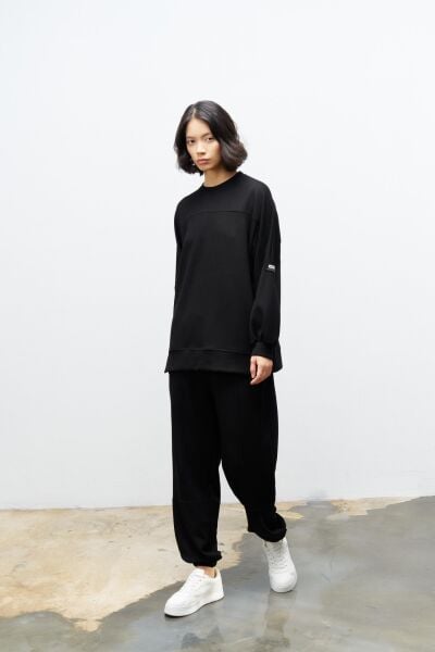 Siyah Taş Rengi Kadın Jogger Pantolon Ve  Kol Etiket Detaylı  Modal Alt Üst Takım