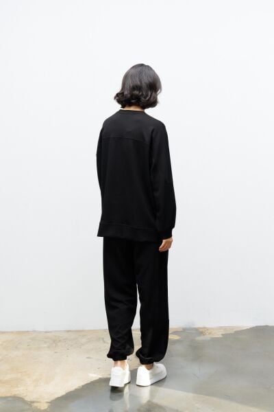 Siyah Taş Rengi Kadın Jogger Pantolon Ve  Kol Etiket Detaylı  Modal Alt Üst Takım