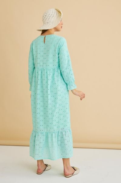 Hesna Taş İşlemeli Eteği Fırfırlı Oversize Mint Brode Elbise