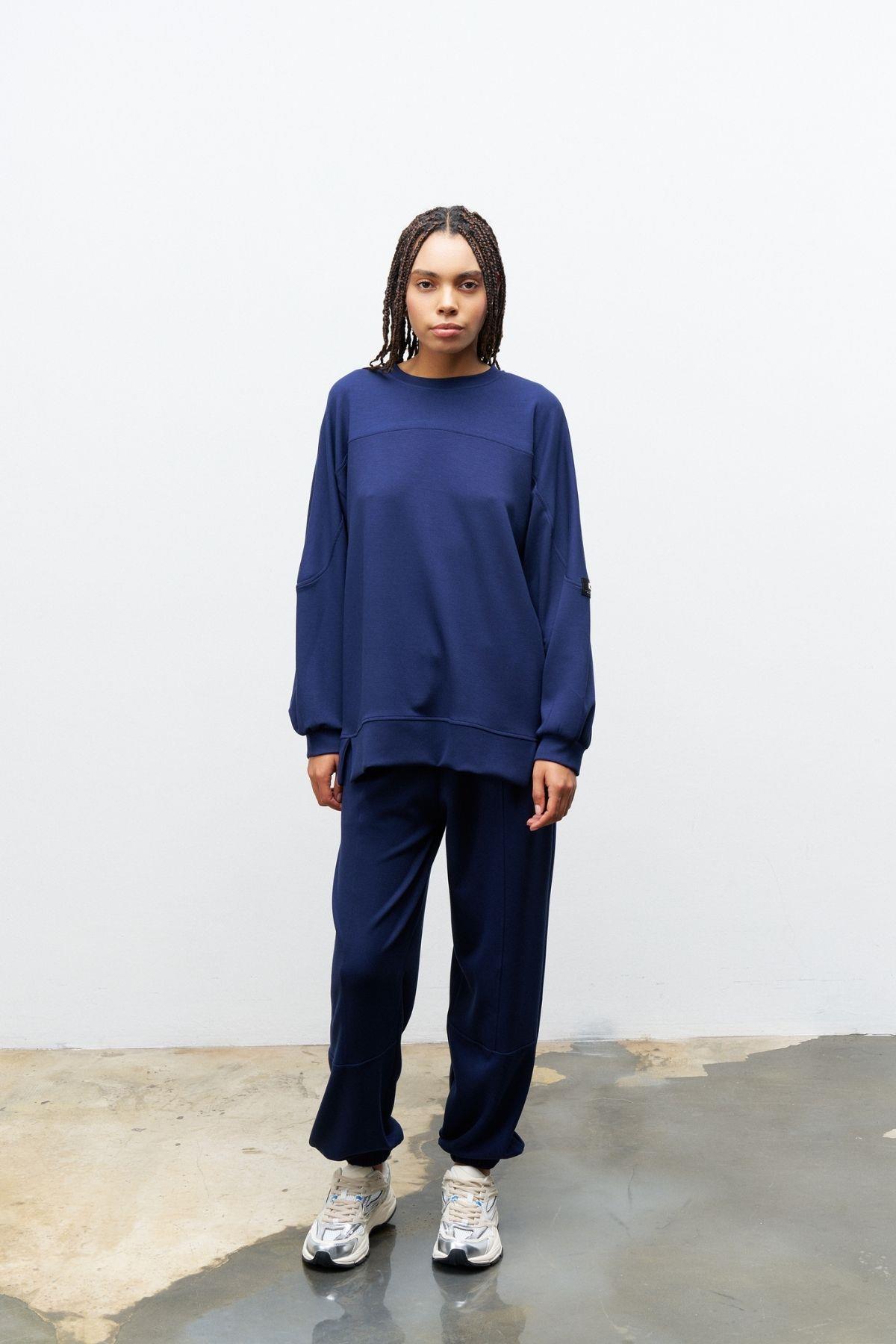Lacivert Taş Rengi Kadın Jogger Pantolon Ve  Kol Etiket Detaylı  Modal Alt Üst Takım