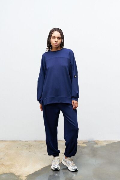 Lacivert Taş Rengi Kadın Jogger Pantolon Ve  Kol Etiket Detaylı  Modal Alt Üst Takım