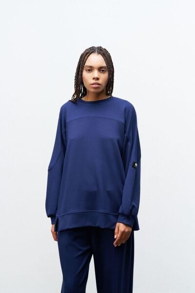 Lacivert Taş Rengi Kadın Jogger Pantolon Ve  Kol Etiket Detaylı  Modal Alt Üst Takım