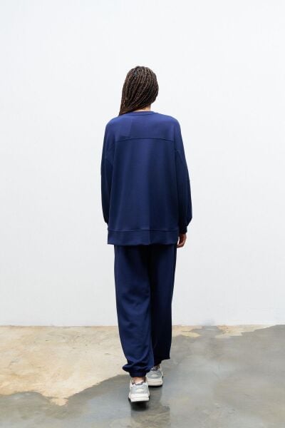 Lacivert Taş Rengi Kadın Jogger Pantolon Ve  Kol Etiket Detaylı  Modal Alt Üst Takım