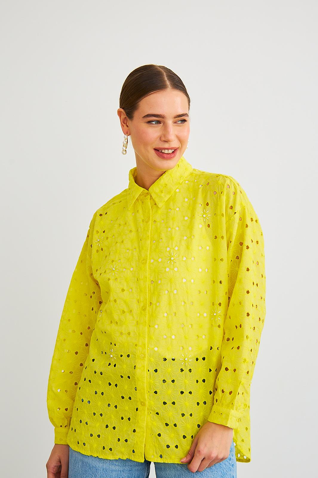 Chiko Taş İşlemeli Sarı Brode Gömlek