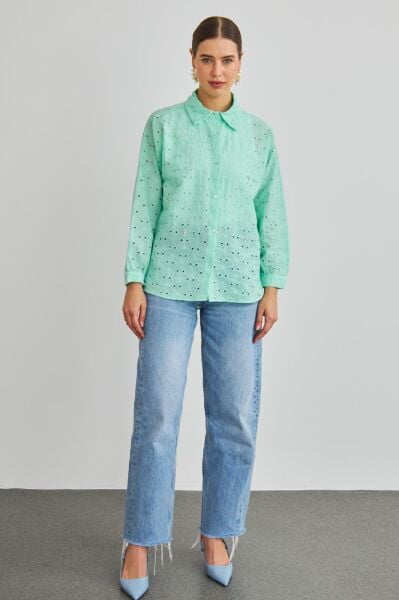 Chiko Taş İşlemeli Mint Brode Gömlek