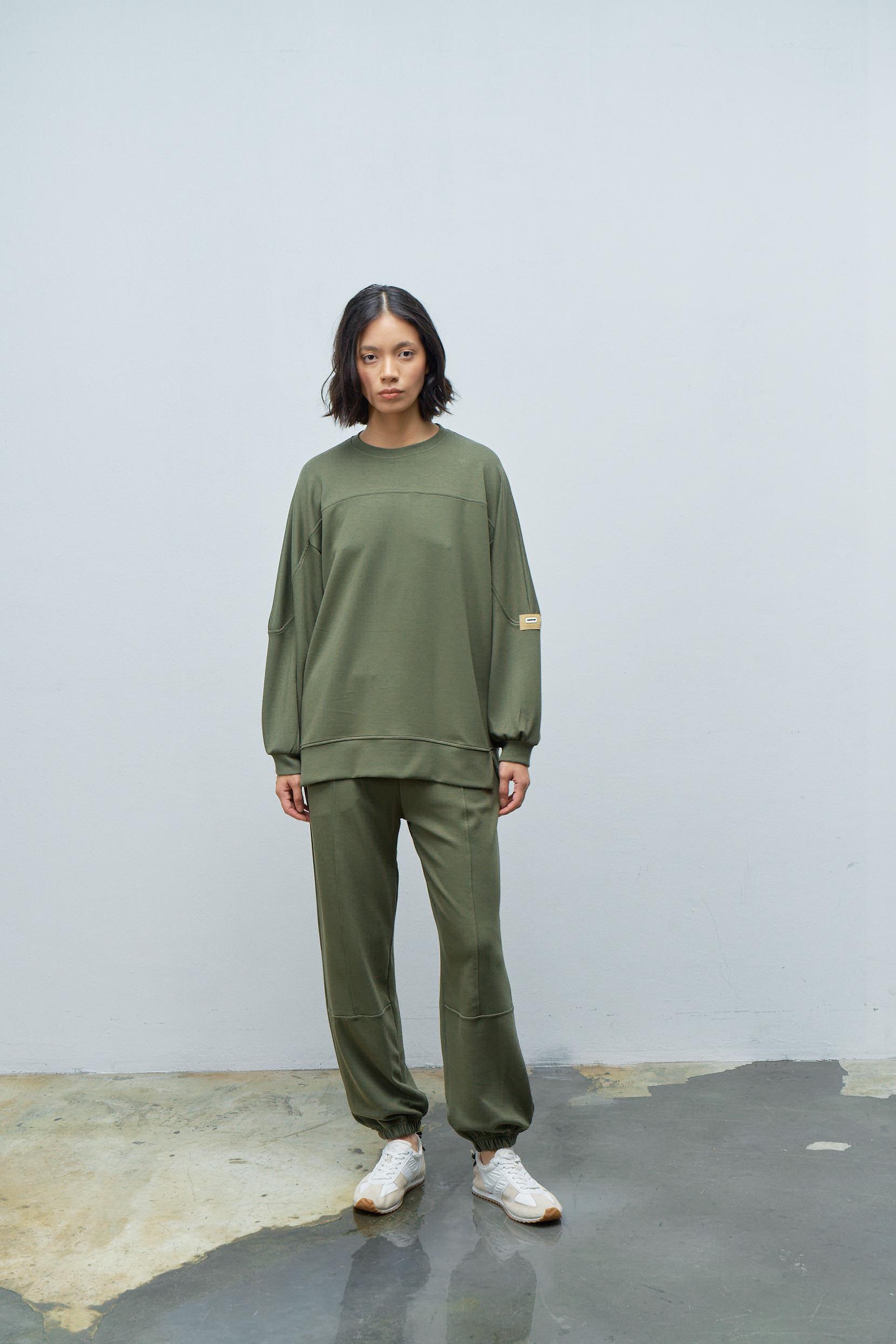 HAKİ Taş Rengi Kadın Jogger Pantolon Ve  Kol Etiket Detaylı  Modal Alt Üst Takım