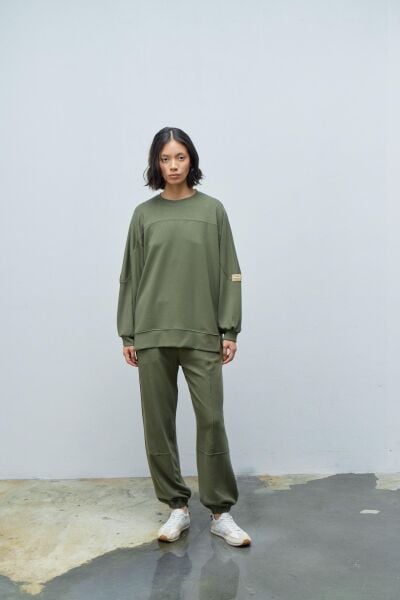 HAKİ Taş Rengi Kadın Jogger Pantolon Ve  Kol Etiket Detaylı  Modal Alt Üst Takım