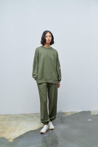 HAKİ Taş Rengi Kadın Jogger Pantolon Ve  Kol Etiket Detaylı  Modal Alt Üst Takım