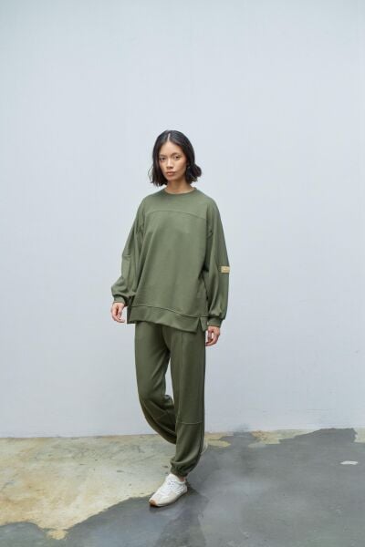 HAKİ Taş Rengi Kadın Jogger Pantolon Ve  Kol Etiket Detaylı  Modal Alt Üst Takım